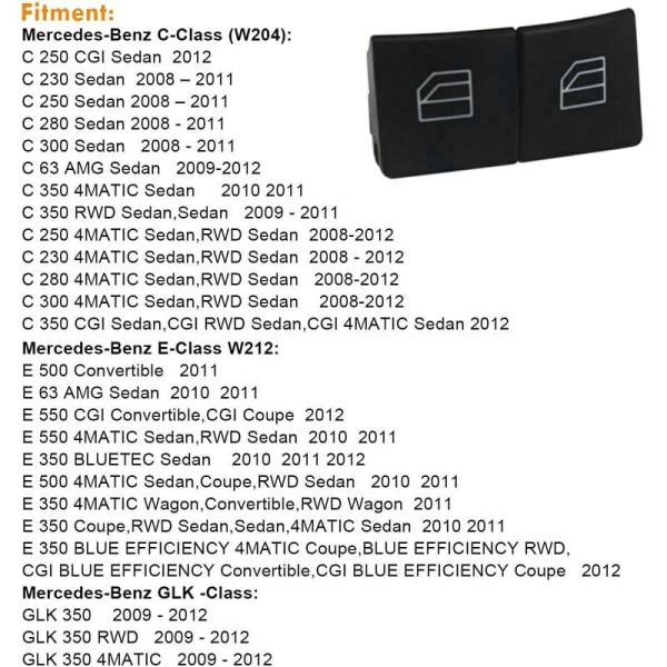 Vindusbryterknappdeksler for W204 W212 C E-klasse, venstre + høyre vindusbryter reparasjonsknappdeksler