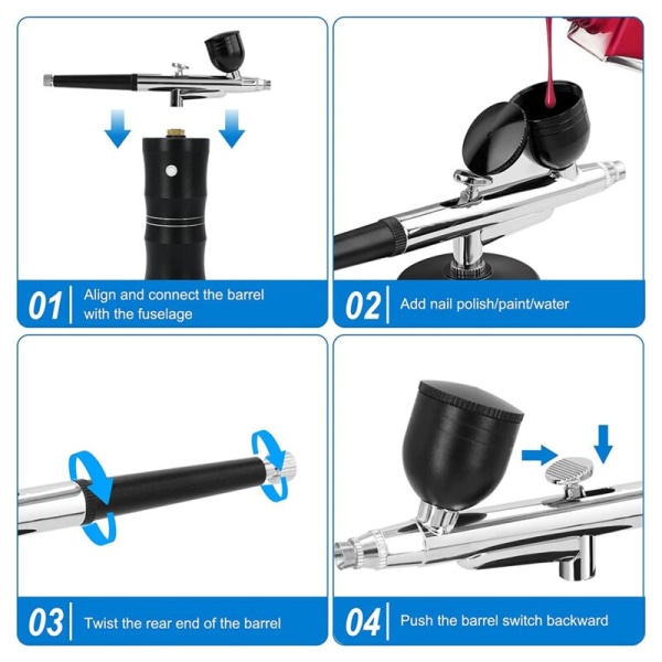 Airbrush-sett med luftkompressor, oppgradert 7,4V 34PSI Airbrush-sprøyte, oppladbar trådløs bærbar Airbrush, svart