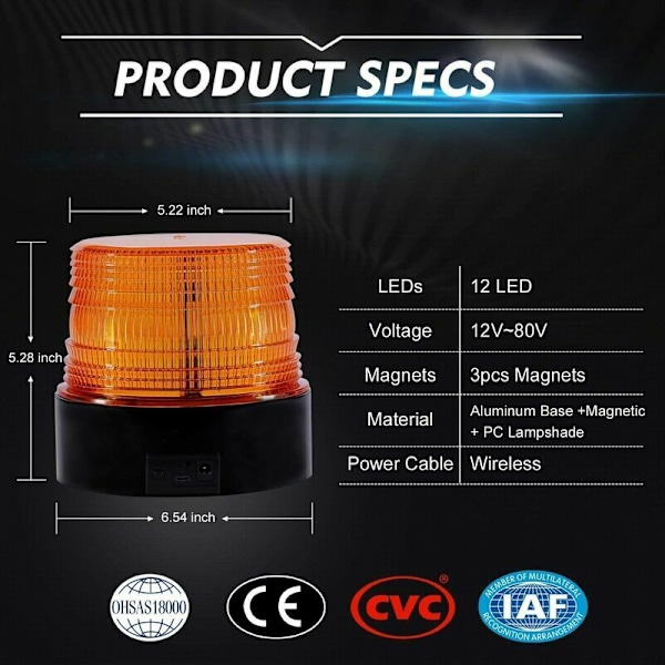 Orange LED-varningssignal 12V Trådlös Stroboskoplampa Magnetisk Blinkande Ljus Nödsändningsljus för Bilfordon Laddningsbar