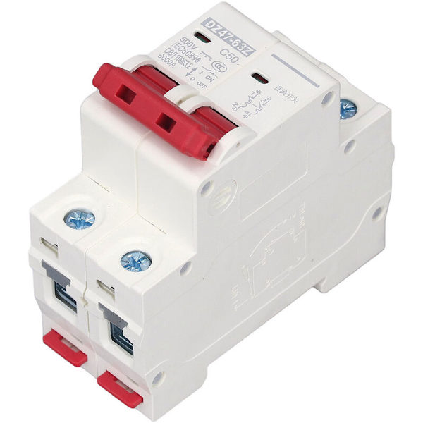 DC Mini-afbryder, DC 500V 50A 2P Isolator til solcelleanlæg, Termomagnetisk udløsning, DIN-skinnemonteret beskyttelsesafbryder, DC-afbryder