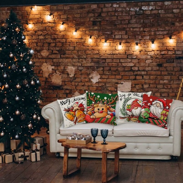 Julepudebetræk 45x45cm, Sæt med 4 Juledekorative Sofa i Bomuld og Linned Jul til Sofa Seng Sovestol Have-Julefarve