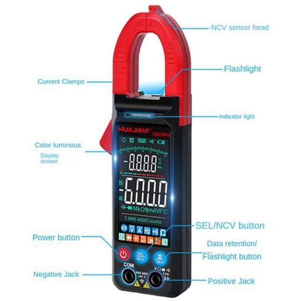 FS8330Pro Digital Tangmeter DC/AC Strøm 6000 Tællinger 400A Multimeter Stor Farveskærm Spændingstester Bil Hz Sort