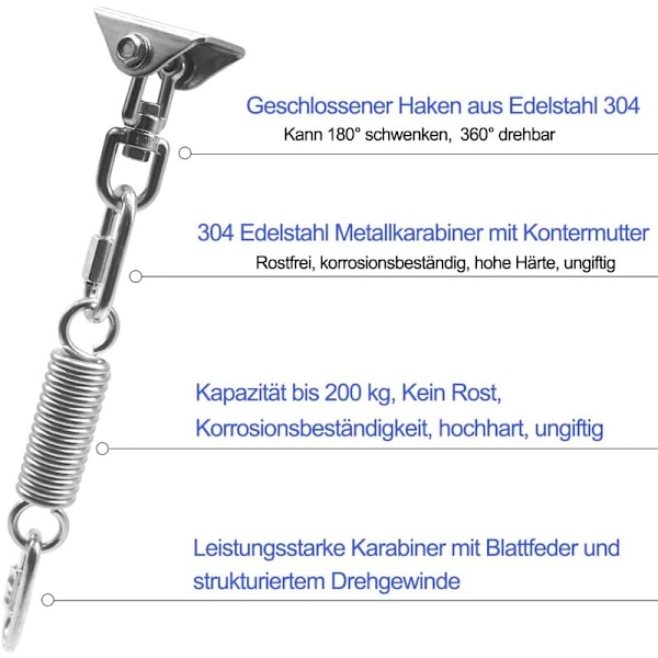 Takkrok för Hängstol Fjäder, Hängmatta Hängkrokar Set Rostfritt Stål 360° Rotation Takfäste Upp till 450Kg för Yoga Hängmatta Hängstol
