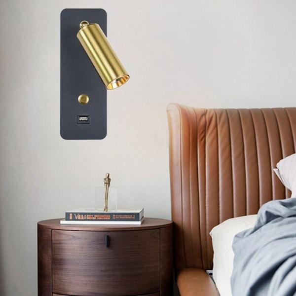 LED Vægskinne Minimalistisk Nøgleafbryder USB Opladning Sort Guld Neutral Belysning Vægskænke til Sengen 85 til 265V