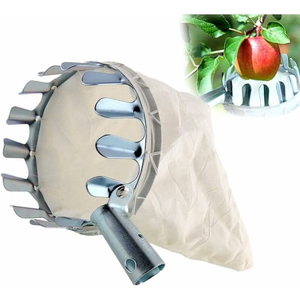 Fruktplockare, 1 Fruktsamlare, Metall Fruktplockare, Fruktplockare med Väska, Körsbärsplockare, Diameter 16 CM, för att Plocka Högt Växande Frukter (Silver)
