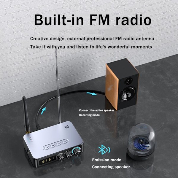 NFC Digital Display Bluetooth Adapter Bluetooth 5.1 Audio Modtager Sang FM Radio Transmitter 4 i 1 NFC Audio Adapter