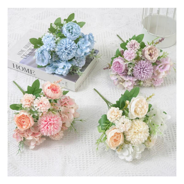 Konstgjorda Blommor, Pion, Bollkrysantemum, Nejlika, Hortensia, Blomsterarrangemang, Blomsterdekoration, Bröllopsbuketter (Vit och Grön)