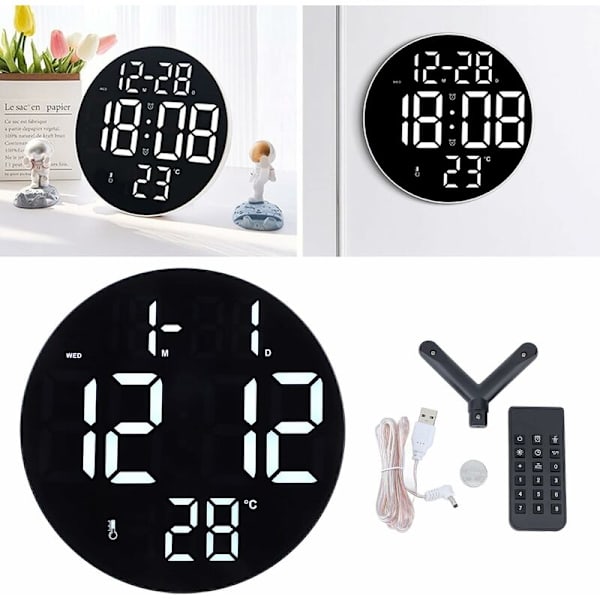 LED Digital Klocka, Modern Rund Klocka Stativ Väggmonterad, 12 Timmars USB-driven Tyst Klocka, för Vardagsrum, Sovrum, Klassrum, Kontor