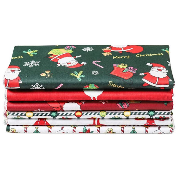 Set med 6 fyrkantiga bitar av jultema bomullstyg, snögubbe och jultomte tryckta sytyg konstset, 6-pack