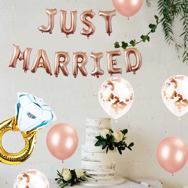Ballong Just Married Banner Ballong för bröllop förlovningsfest dekoration (roséguld)-