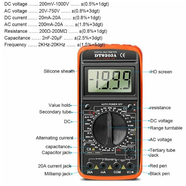 Handhållen digital multimeter LCD-display True RMS AC DC-ström Voltmeter Transistor Tester Ohm Kondensator Diod