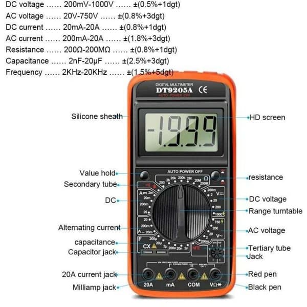 Håndholdt digitalt multimeter LCD-display ægte RMS AC DC strømstyrke voltmeter transistor tester ohm kondensator diode