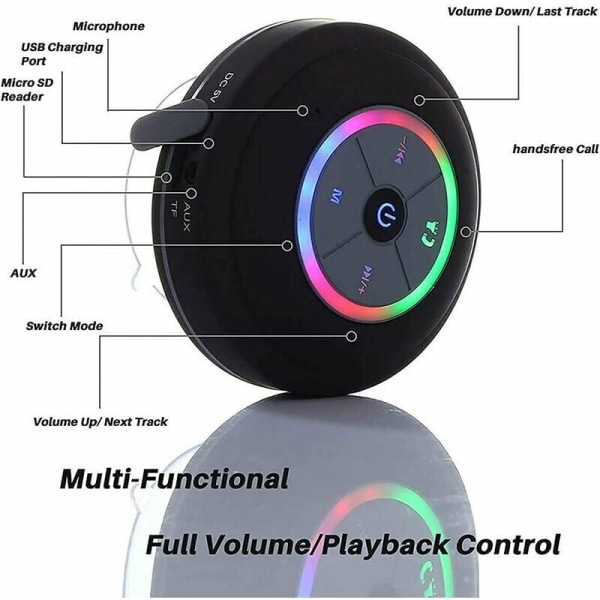 Bluetooth duschhögtalare, IPX7 Bluetooth duschradio med helt vattentät FM-radio, handsfree högtalartelefon, kraftfull sugkopp för golf, strand,