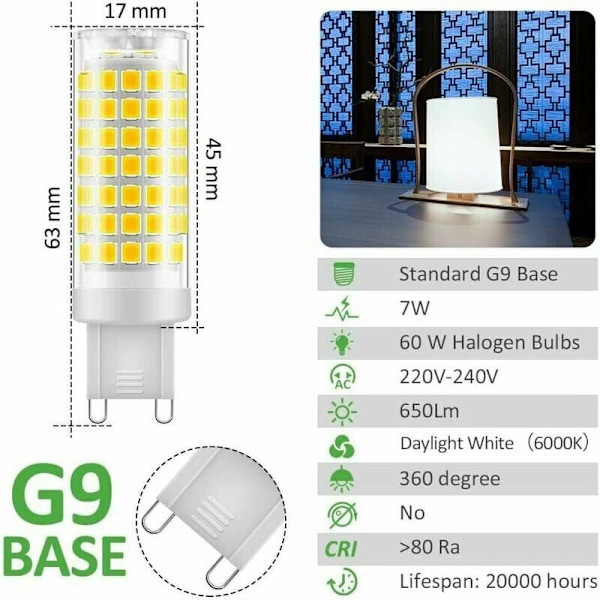 G9 LED Pærer Ingen Flimmer 6W 60W Ækvivalent, Pakke med 6 G9 LED Pærer, 7W Flimmerfri, Kold Hvid 6000K, 650lm, Energibesparende Ækvivalent 60W Halogen, 3