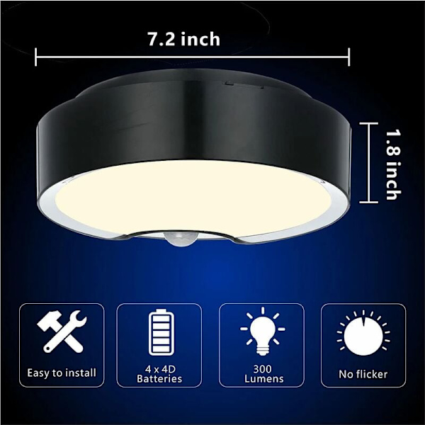 Rörelsesensor LED-taklampa, superljus batteridriven inomhustaklampa, för vind, tvättstuga, garage, hall, trappa, 18,3 cm 300LM N