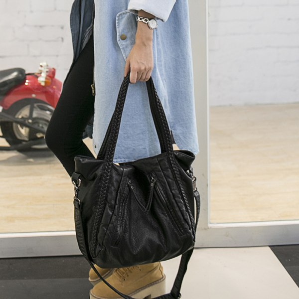 Mjukt läder stor väska mamma väska stor kapacitet handväska portfölj semesterpresent svart