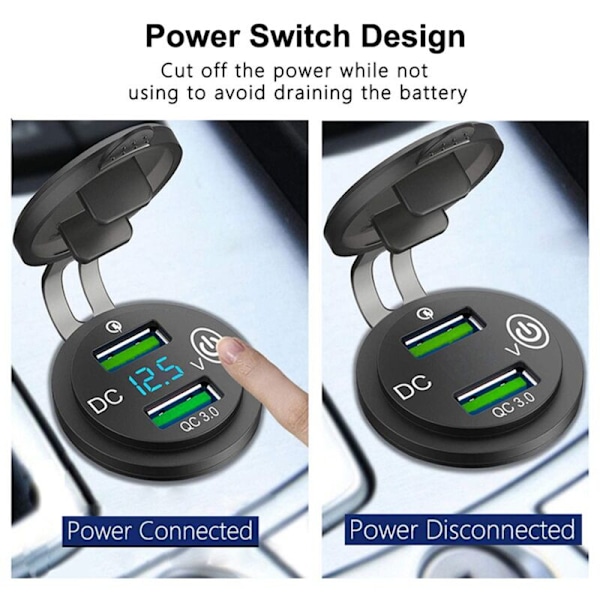 Dual Port USB-billader for biluttak QC3.0 12V/24V ladeadapter med LED digital voltmeter berøringssvitsj A