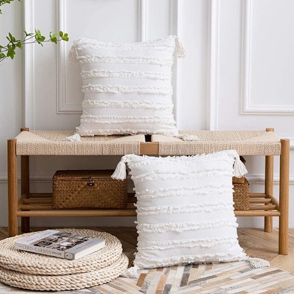 Kuddöverdrag 18X18 tum: Set med 2 Boho randiga bomullsfodral med vita tofsar
