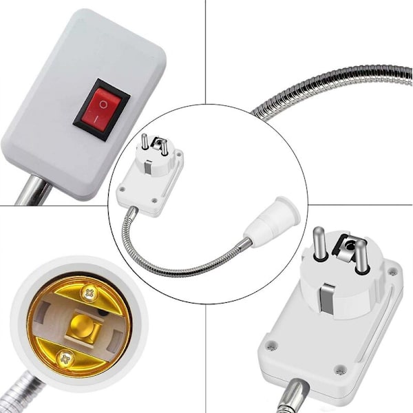 2 kpl E27 LED-lampunpidin kytkimellä, lamppupidike-sovitinmuunnin 5,9 tuuman joustavalla hanhenkaula ja EU-pistokkeella, E27-lampunpidin toimistoon, makuuhuoneeseen