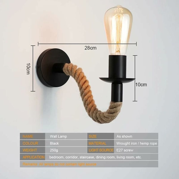 2st Retro Vägglampa av hamprep Industriell vägglampa är lämplig för E27-lampor i korridor eller sovrum, 110/220V (utan glödlampa)