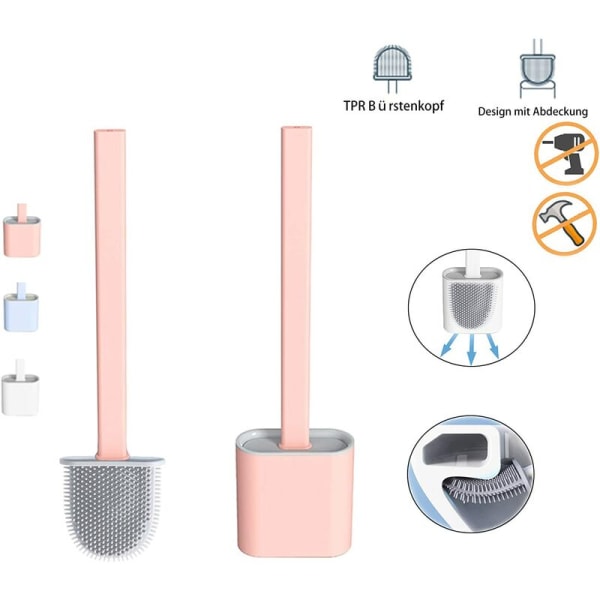 Toalettborste i silikon, toalettborste för badrum med snabbtorkande hållare, kan stå eller hänga (rosa)