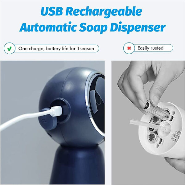 Dispenser til børn, automatisk dispenser 320 ml, skumdispenser til hænder kontaktrobot genopladelig hvid