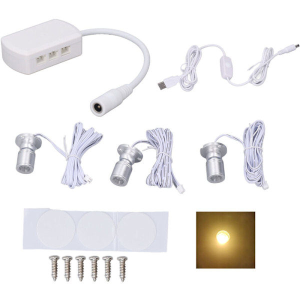 Mini LED-spotlightar 5V USB Vitrinbelysning 1 till 3 Dimbar Liten Skåpslampa Varm Silver