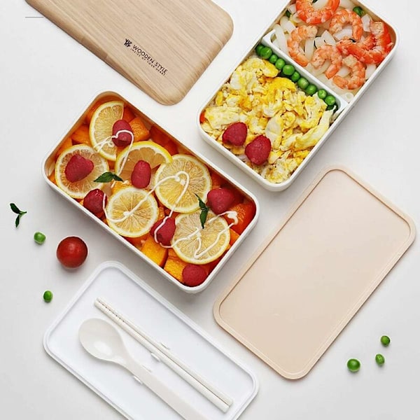 Lunchbox, Dubbel lunchbox, Trälunchbox, diskmaskinsäker, mikrovågsugnssäker, BPA-fri, vit, Fei Yu