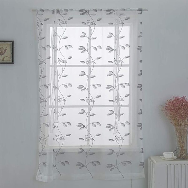 Fugle og Blade Mønster Gardiner, Broderet Sheer Voile Gardiner, Ballon Gardiner, Stanglommer, Vindue Gardiner og Gardiner til Køkken, Soveværelse, 6