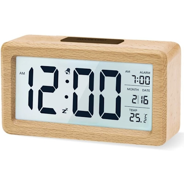 Trä Digital Väckarklocka, LED Väckarklocka Tyst Digital Klocka med Datum, Temperatur, Snooze-funktion, Batteridriven