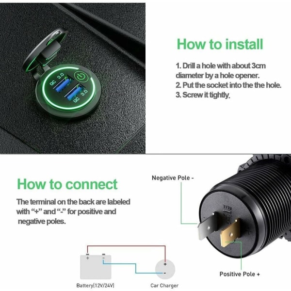 3.0 kaksinkertainen USB-laturipistorasia, 12V/24V vedenpitävä USB-pistorasia kosketuskytkimellä autoon, veneeseen, asuntoautoon, vihreä