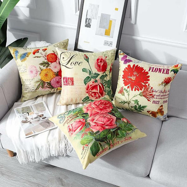 Utekussedekke, sett med 4 vanntette klassiske blomstermønster sofa putetrekk for uteplass hage stue soverom dekorasjon, 45x45cm