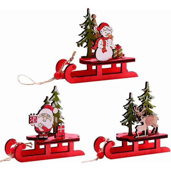 Julgransdekorationer i släde, Tomte Snögubbe Älg Bordsprydnad, Miniatyr Träleksak, Julleksaker för Barn, Sagoskog Ornament Kit (3 st)