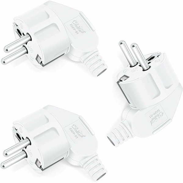 Schuko-plugger, 3 stk Hvite Hannstikkontakter, JEXPOWER Elektriske Jordkontaktplugger, Strømforsyning Vinklet Plugg 250V 16A -