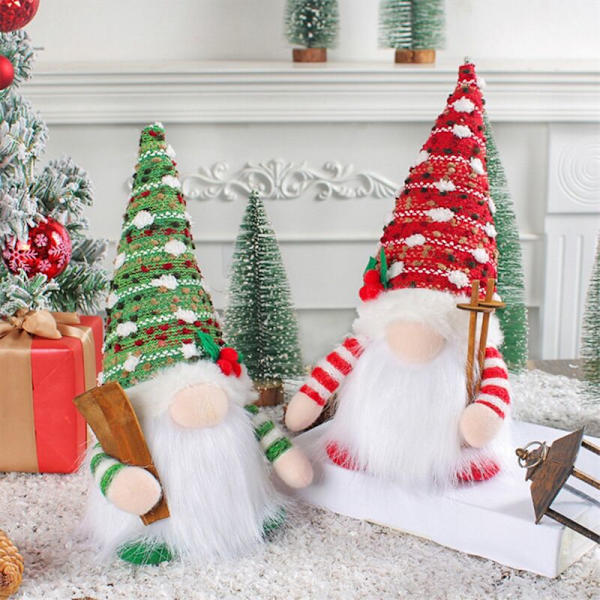 Juledukke Slæde Elf Ski Gnome med LED Lys Rudolph Julepynt til Julegaver Nytår 29 cm Grøn