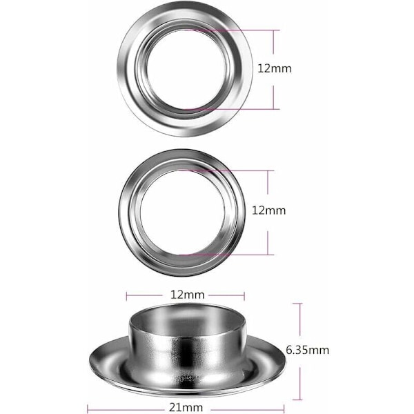 Grommet Sæt Værktøj 12mm Metal Øjer Sæt 100 Sæt Grommets Sæt Øjer Sæt til Lærred Presenning Telt Reparation Sølv (1/2 Tomme)