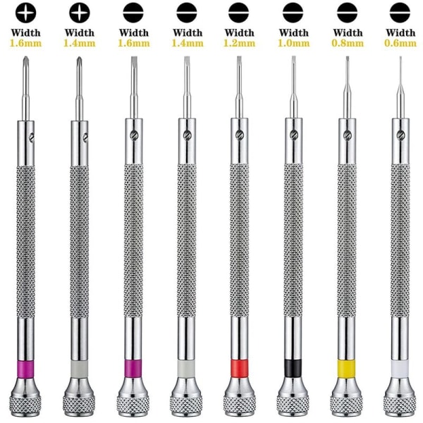 8-delad precisionsskruvmejselsats, 0,6-1,6 mm mikroskruvmejsel för smycken, med 8 extra utbytesblad för klockreparation