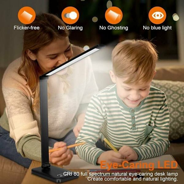 LED-pöytälamppu, himmennettävä pöytälamppu 10 kirkkausasteella ja 5 väritilalla, silmien suojaava kosketusohjaus, USB-portti/aika-asetus, taitettava/kääntyvä