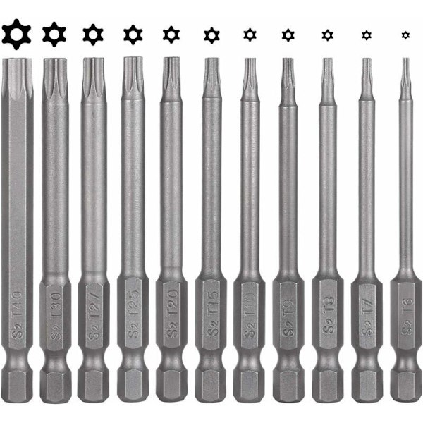 11 stk 75 mm Torx Skrutrekkerbittsett S2 Stål Magnetisk Sekskant Sokkel T6 T7 T8 T9 T10 T15 T20 T25 T27 T30 T40 - Slag Torx Skrutrekkerbitt for Lang
