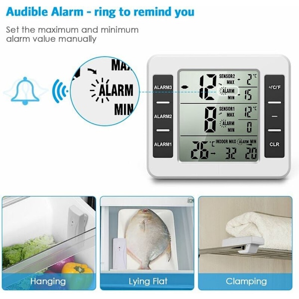 (Ny version) AMIR kylskåpstermometer, trådlös inomhus- och utomhustermometer, temperatursensor med ljudlarm temperaturmätare för frys