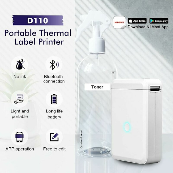 D110 etiketmaskine med klæbebånd, bærbar trådløs Bluetooth-klistermærkatprinter 10-15 mm etiketbredde kompatibel med iOS og Android til hjemmet