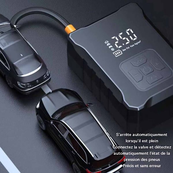 Ilmapumppu, 4000 mAh auton renkaiden täyttölaite, polkupyörän pumppu 5 täyttötilan kanssa, digitaalinen näyttö, digitaalinen LCD-näyttö, LED-valo ja USB-portti, sopii