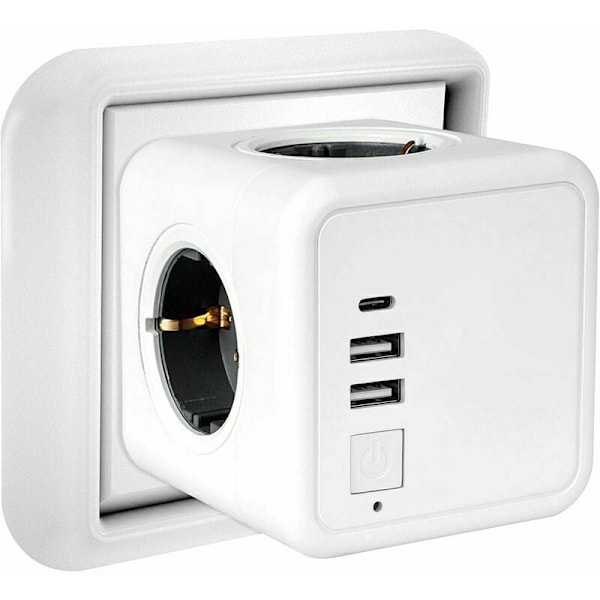 Kubevegg Strømbryter med 4 Uttak og 3 USB-porter, 7-i-1 USB Strømbryter med Bryter for Hjem, Kontor