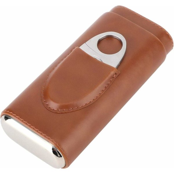 Portabel Cigarrhumidor Lädercigarrfodral Cedarträfodrad Cigarrfodral med Cutter (Brun)