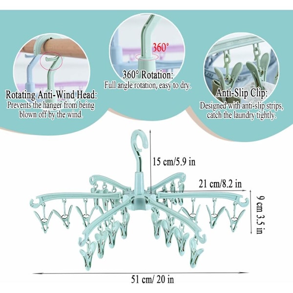 Taitettava kuivausteline 24 klipsillä sukkien, alusvaatteiden, vauvanvaatteiden, pyyhkeiden kuivaamiseen, pyörivä sukkien kuivausteline