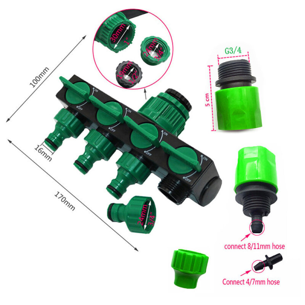1/2 tommer vandindløb og 3/4 tommer udløb vandseparator 4-vejs vandstrømsdeler til havevandingssystemforbindelse