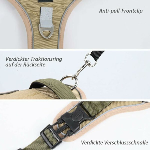Hundesele - Anti-trekksele for mellomstore hunder - Anti-trekk sikkerhetssele - Hundesele - Taktisk hundesele - Stor hund - Justerbar - Reflekterende - Khaki - M