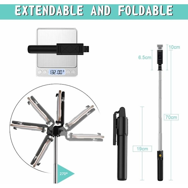 Bluetooth Selfie Stick, 3 i 1 Selfie Stick Stativ Udvidbar Bluetooth Selfie Stick Teleskopisk Justerbar Monopod med Aftagelig Fjernbetjening &
