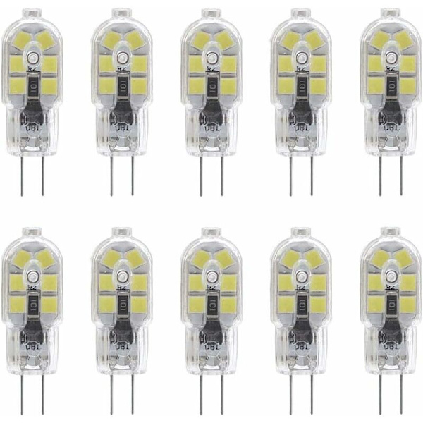 10-pak G4 2W LED-pære til emhættelys, AC/DC 12V, svarende til 20W halogenpære, 200LM, Bi-Pin med klart PVC-dæksel, kølig hvid 6000K, ikke-dæmpbar