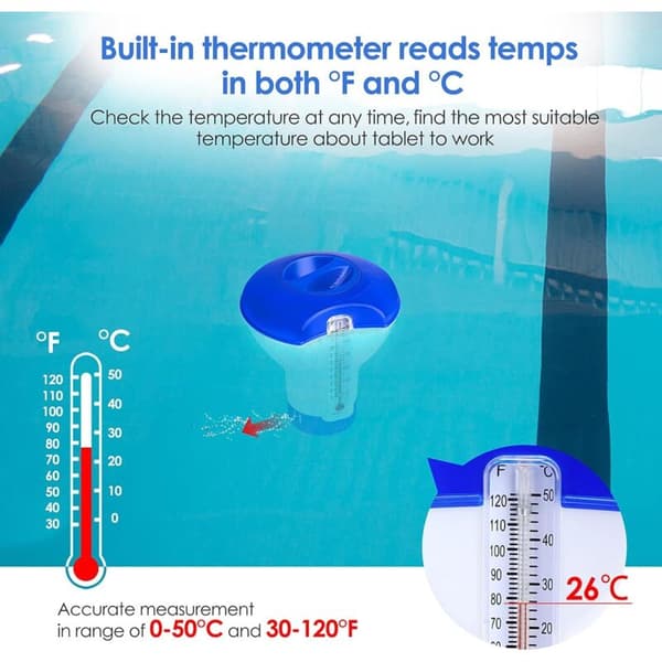 Flydende pool dispenser med termometer, automatisk doser, flydende spa-diffuser, dispenser til pool, dam, spa